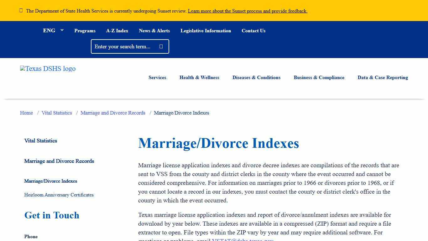 Marriage/Divorce Indexes | Texas DSHS